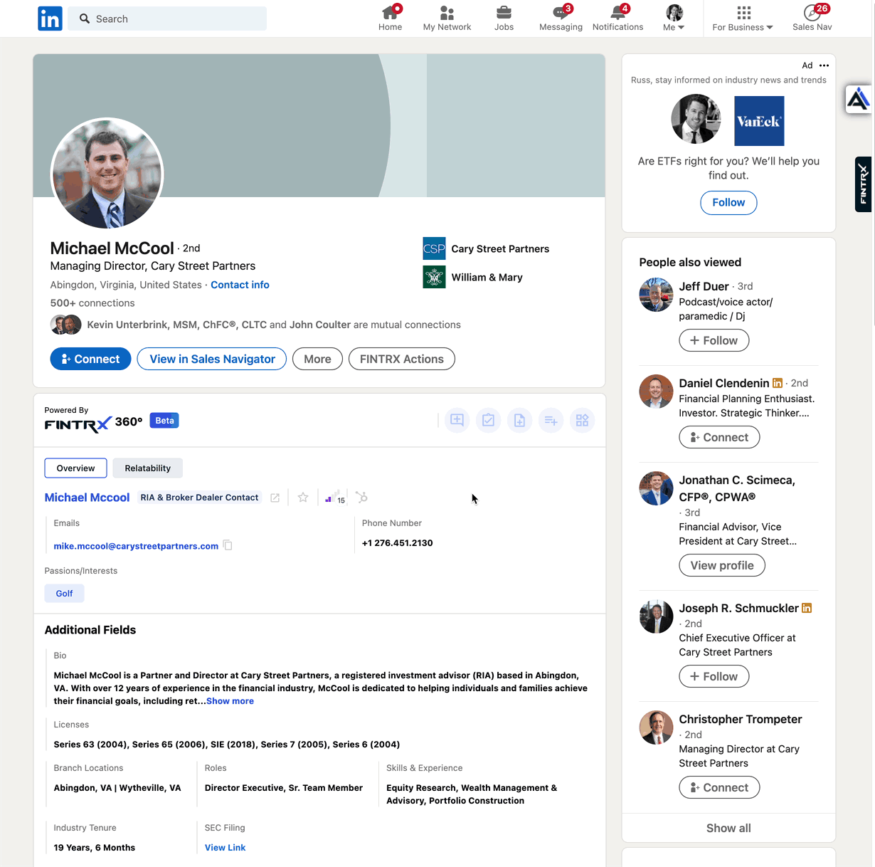 FINTRX 360 plugin displaying private wealth data inside a LinkedIn profile