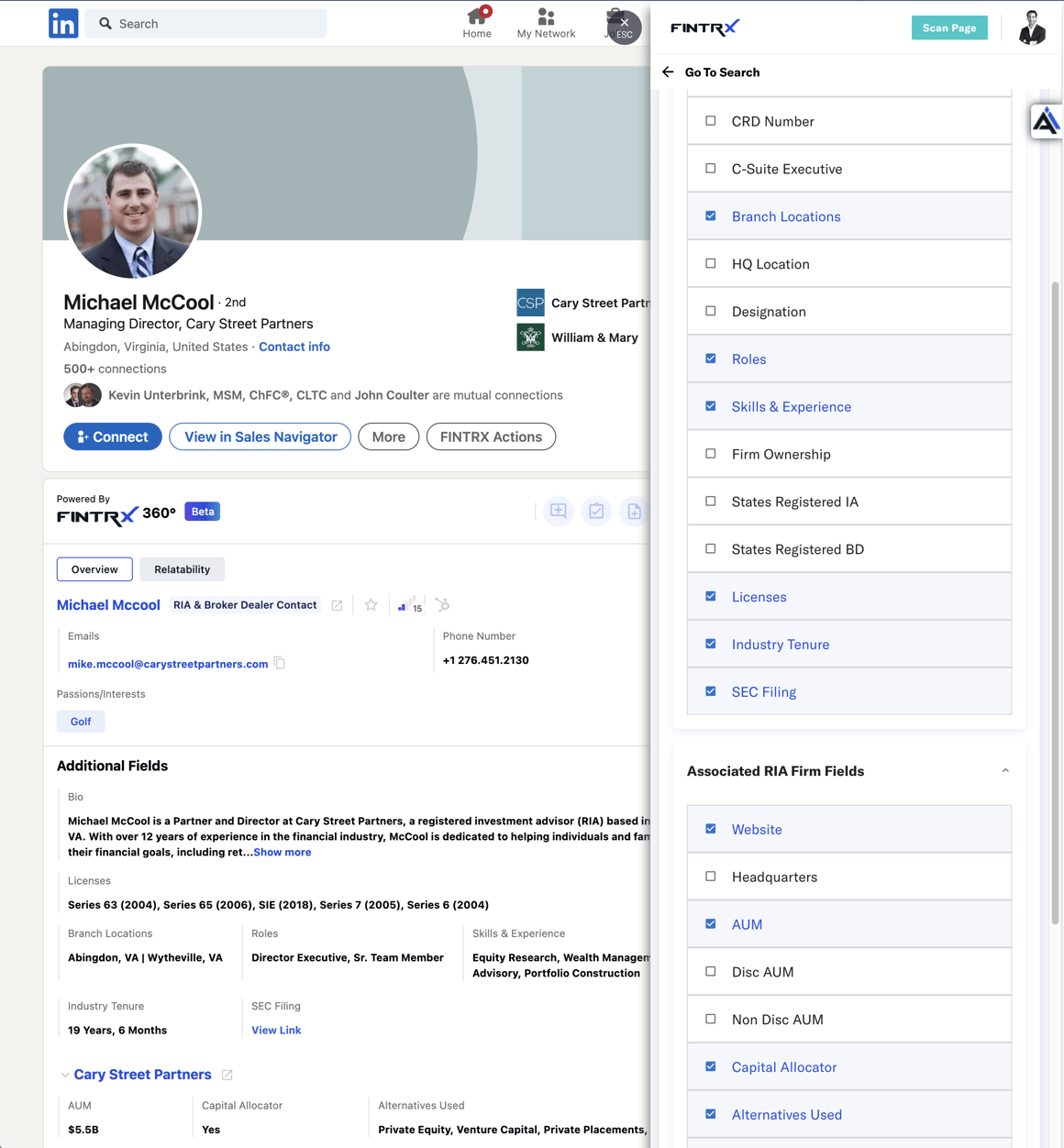 Customization settings for which FINTRX data points display in LinkedIn